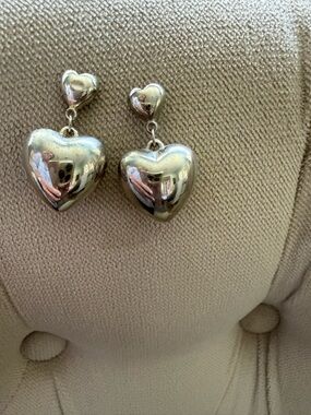 Vtg Silvertone Heart Drop Earrings - Women Jewelry
